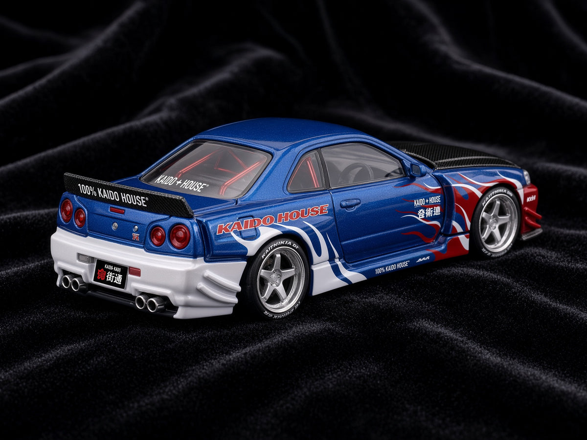 Mini GT – Nissan Skyline GT-R (R34)  Kaido House - Kaido Flames V1 1999 – Blue Red (1:64)